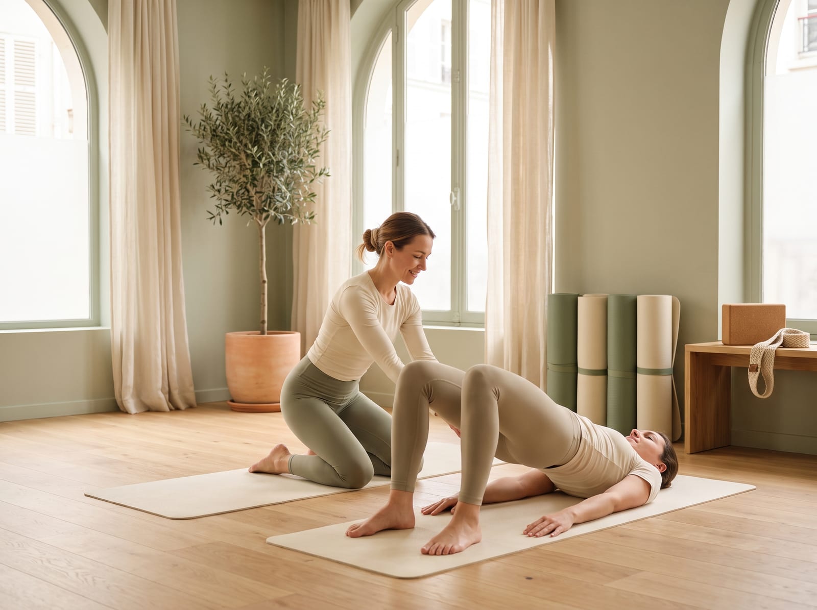 Groupe de femmes en cours de Pilates collectif dans un studio lumineux